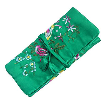 Travel Jewelry Roll Bag - Silk Embroidered Brocade Pouch for Rings, Necklaces, Earrings, Bracelets | Lightweight & Tie Closure (Dark Green) - color: Dark Green