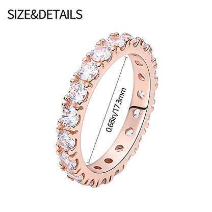 KUNSIR 925 Silver Cubic Zirconia Ring Size 7-9 Wedding Band Sterling Silver Eternity Ring Modern Style - style: Rose Gold Clear Zircon Ring
