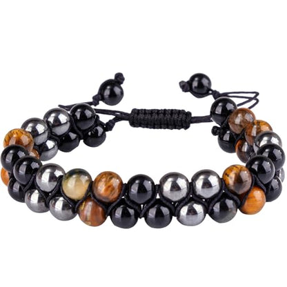 Triple Protection Bracelet,Bracelets for Men Women, Natural Tiger Eye Jewelry Stone Hematite and Blue Stone Hematite 8mm Crystal Bracelet - Adjustable Size with Premium Gift-Box - color: Brown-Black-Silver Gray
