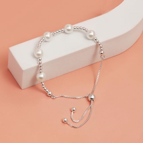 LeCalla 925 Sterling Silver Sliding Bolo Bracelet | Adjustable Beaded Tennis Bracelets for Women | Adjustable Slider Bolo Bracelets Gifts for Her - color: Simulated Pearl Beaded Bolo