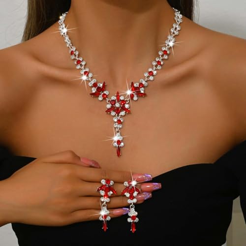 Wedding Jewelry Sets for Brides Rhinestone Necklace and Earring Set Bracelet Ring Gold Silver Prom Jewelry Sets Diamond Flower Teardrop Necklace for Women - color: Style5-Red