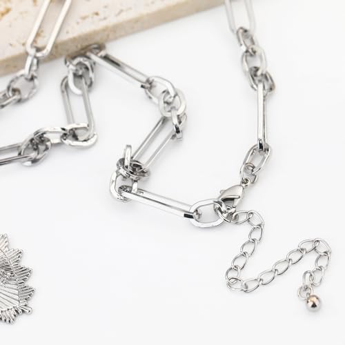 Chunky Gold Necklace for Women, 18K Waterproof Heart Necklace Statement Necklace Gold Charm Necklace Chunky Jewelry Paperclip Chain Choker Gift for Women - style: Silver Sun Heart