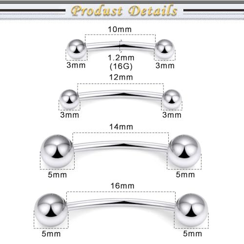 Snake Eyes Piercing Jewelry Tongue Surgical Steel Frog Eyes Tongue Rings 16G 14G Eyebrow Piercing Curbed Barbell Vertical Labret Lip Jewelry Bridge Piercings for Women Men 10mm/12mm/14mm/16mm - color: 16g,silvertone