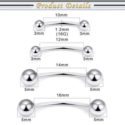 Snake Eyes Piercing Jewelry Tongue Surgical Steel Frog Eyes Tongue Rings 16G 14G Eyebrow Piercing Curbed Barbell Vertical Labret Lip Jewelry Bridge Piercings for Women Men 10mm/12mm/14mm/16mm - color: 16g,silvertone