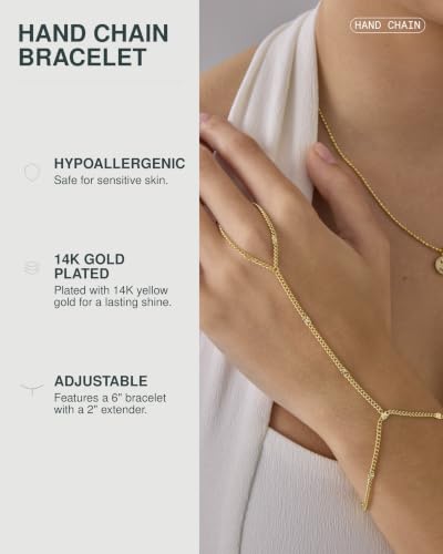 PAVOI Hand Chain Bracelet for Women, 14K Gold Plated Adjustable Ring Chain | Hand Chain Bracelet, Ring Bracelet Hand Chain, Arm & Body Jewelry - style: Crimp Chain
