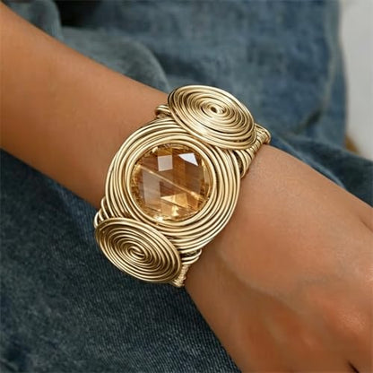 Chunky Cuff Bracelets for Women Wide Gold/Silver Cuffs Bangle Hollow Out Adjustable Bracelets Punk Vintage Jewelry - style: Gold Crystal
