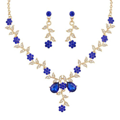 Kamirola Women's Wedding Jewelry Leaf Cluster Flower Crystal Dangle Earrings Pendant Necklace Set for BridalCrystal Bridal Jewelry Set - color: Gold Blue