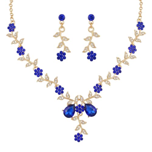 Kamirola Women's Wedding Jewelry Leaf Cluster Flower Crystal Dangle Earrings Pendant Necklace Set for BridalCrystal Bridal Jewelry Set - color: Gold Blue