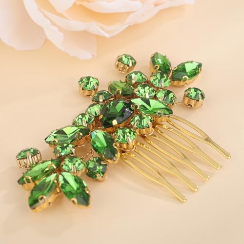Dainty Teardrop Rhinestone Crystal Wedding Hair Comb Handmade Hair Side Comb Women Girls Wedding Headpiece Silver Gold Wedding Hair Accessories for Brides Bridesmaid (green) - color: green