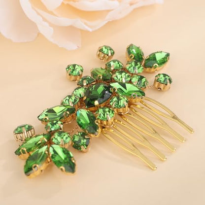 Dainty Teardrop Rhinestone Crystal Wedding Hair Comb Handmade Hair Side Comb Women Girls Wedding Headpiece Silver Gold Wedding Hair Accessories for Brides Bridesmaid (green) - color: green