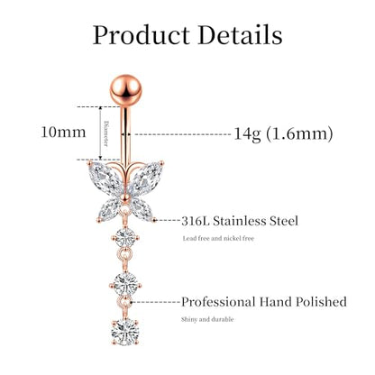 LEE&RO Belly Button Ring Dangle Stainless Steel Belly Rings 14G Belly Button Piercing Cute Navel Ring Belly Piercing Jewelry - style: Elegant-Rose Gold