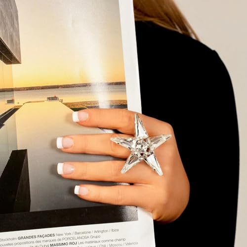 Exaggerated Large Star Rhinestone Statement Ring for Women Luxury Thick Chunky Big Crystal Stone Finger Knuckle Band Wrap Open Adjustable Rings Silver Oversized Fashion Wedding Cocktail Prom Party Jewelry Gift