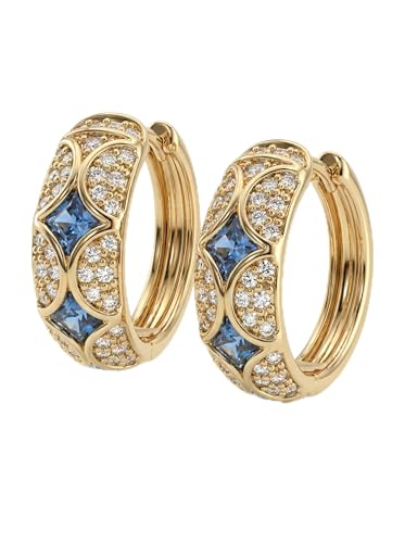 Dremmy Studios Dainty CZ Huggie Hoop Earrings 14K Gold Plated Chunky Simple Cute Thick Round Frill Bead Ball Starburst Cuff Earrings Cubic Zirconia Hoop Earrings Minimalist Personalized Gift for Her - color: Blue & White Hoops