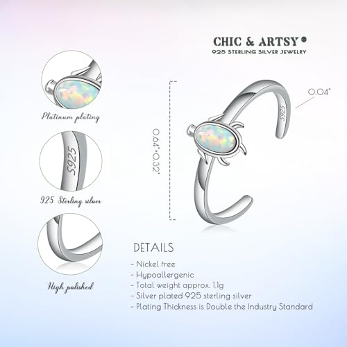 CHIC & ARTSY Women Toe Ring 925 Sterling Silver Animals Toe Ring Dainty Created Opal Toe Ring Adjustable Single Toe Ring for Women Beach Jewelry - color: L-Turtle/Silver