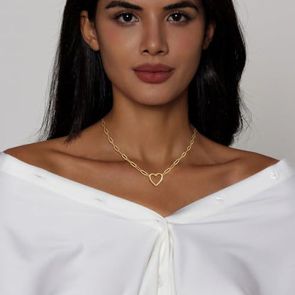 Airmb Heart Necklace for Women Gold/Silver Plated Trendy Heart Choker Lover Pendant Hypoallergenic Fashion Gold/Silver Necklace for Women Love Jewelry Gift for Women Girlfriend - color: Paperclip Open Heart-Gold