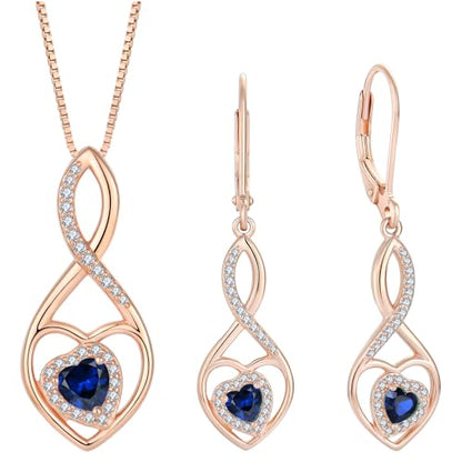 Infinity Heart Rose Gold Jewelry Set for Women 925 Sterling Silver Sapphire Necklace and Earrings Set September Birthstone Jewelry Gifts