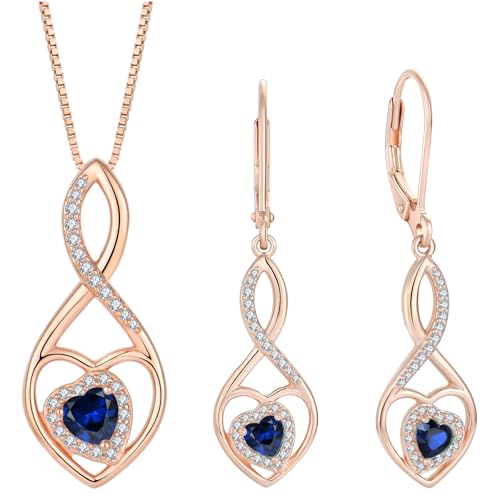 Infinity Heart Rose Gold Jewelry Set for Women 925 Sterling Silver Sapphire Necklace and Earrings Set September Birthstone Jewelry Gifts