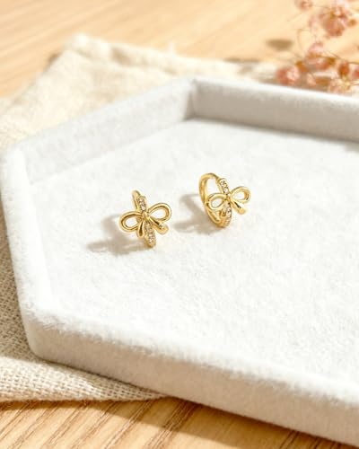Gold Opal Huggie Earrings for Women, Minimalist Small Hoop Earrings with Zircons - color: gold bow