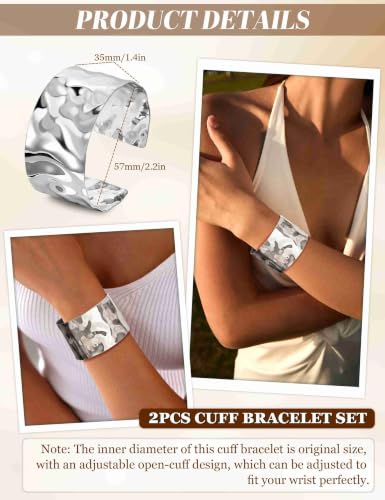 2 Pcs Gold Cuff Bangle Bracelet Set for Women Irregular Minimalist Statement Bangle Bracelets Wide Open Chunky Wire Bracelets Wrist Cuff Adjustable Hammered Bracelet - color: Silver E