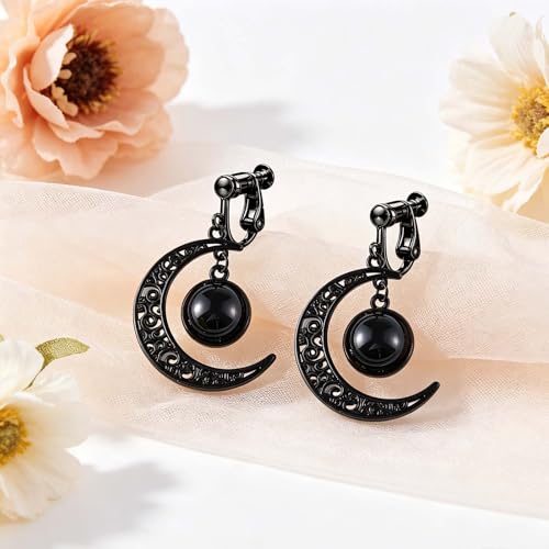 Gothic Moon Clip On Earrings for Women Black Filigree Dangle Moon Earrings Halloween Witch Earring Colorful Crystal Vampire Earring Accessories Halloween Jewelry Gifts - color: Black