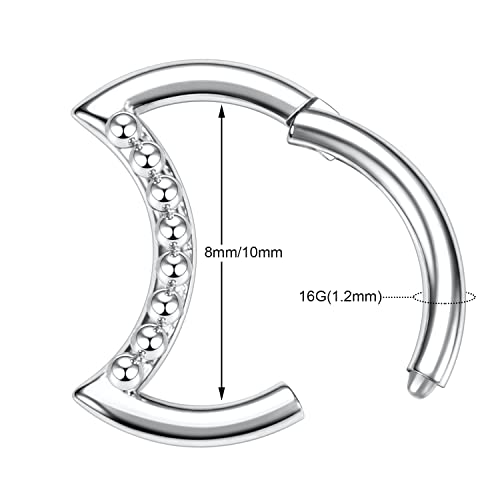 Moon Shape Septum Clicker Ring Daith Piercing Jewelry - Stainless Steel Silver Rook Earrings Hinged Segment Clicker Nose Rings Hoop for Conch Helix Cartilage Tragus 8mm