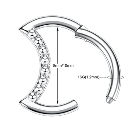 Moon Shape Septum Clicker Ring Daith Piercing Jewelry - Stainless Steel Silver Rook Earrings Hinged Segment Clicker Nose Rings Hoop for Conch Helix Cartilage Tragus 8mm