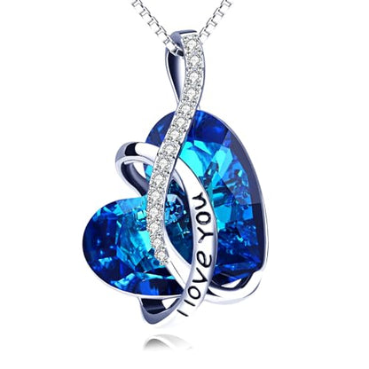 AOBOCO I Love You Sterling Silver 12 Birthstone Heart Pendant Necklace Embellished with Crystals from Austria, Mother's Day Anniversary Birthday Jewelry Christmas Gifts for Women Grandma Nana - color: Blue