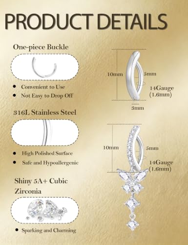 Apsvo 2Pcs Belly Button Ring for Women Surgical Steel CZ Clicker Belly Rings Hoop Teardrop Heart Dangle Belly Button Piercing Simple Reverse Navel Piercing Jewelry 14G - color: Silver-Butterfly