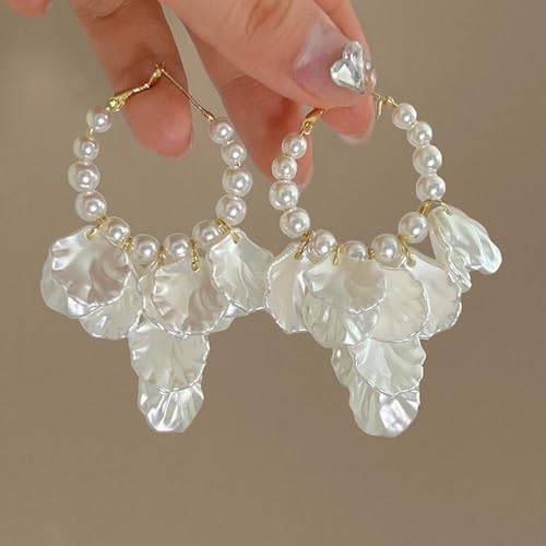 Pearl Hoop Dangle Earrings for Women, White Petal Statement Earrings, Floral Drop Earrings, Lightweight Elegant Wedding Vacation Party Jewelry - color: A0028-Petal Pearl Earrings