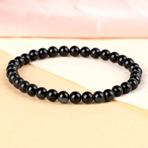 LPBeads Handmade Natural Gemstone Stretch Elastic Bracelet Healing Crystal Round Stone Beads Jewelry Gifts for Women Men - color: Black Obsidian, size: 6mm