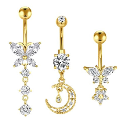 Silver Gold Belly Button Ring for Women Clicker Hoop Belly Rings Opal Navel Piercing Jewelry Dangle Hypoallergenic Surgical Steel Dainty Dangling Navel Rings for Women - color: F4-dangle-gold-3p