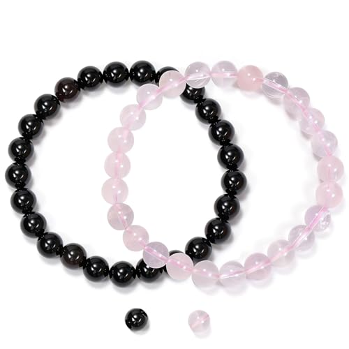 2PCS Agate Bracelet for Women Men Natural Round Beaded Agates Stone Healing Stretch Bracelets Elastic Handmade Polished Gemstone Beads Bracelet - color: Black+Pink Quartz, size: 8mm Beads