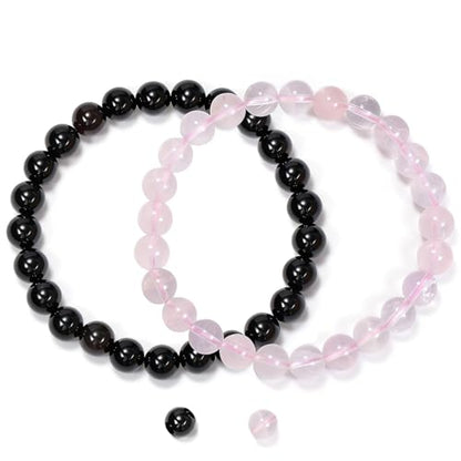 2PCS Agate Bracelet for Women Men Natural Round Beaded Agates Stone Healing Stretch Bracelets Elastic Handmade Polished Gemstone Beads Bracelet - color: Black+Pink Quartz, size: 8mm Beads