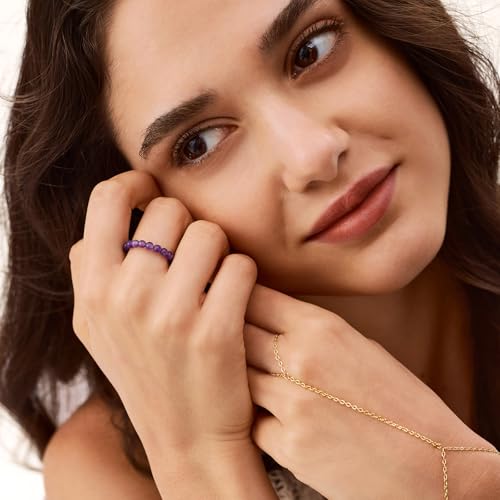 NLIEO Handmade Natural Gemstone Crystal Beaded Stretch Band Ring for Women | Handmade, 3mm Natural Stone, Size 7-12, Stretchy, Beaded Jewelry, Green Bead Rings, Trendy Jewelry Gift - style: Amethyst