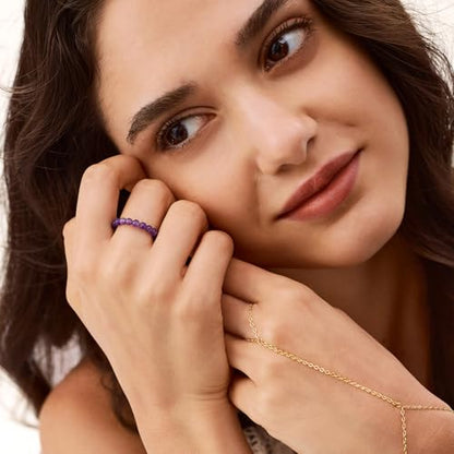 NLIEO Handmade Natural Gemstone Crystal Beaded Stretch Band Ring for Women | Handmade, 3mm Natural Stone, Size 7-12, Stretchy, Beaded Jewelry, Green Bead Rings, Trendy Jewelry Gift - style: Amethyst