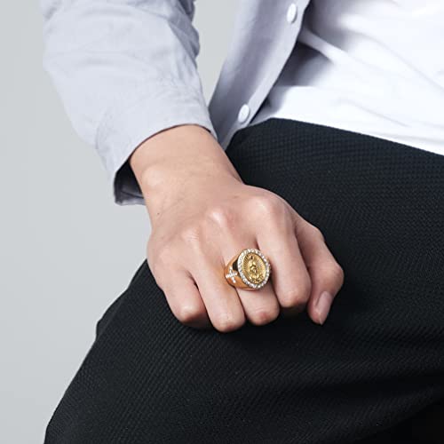 Christian Couple Signet Rings Set: Square Jesus (Men) & Oval Virgin Mary (Women), Stainless Steel Gold Plated with Side CZ Cross, Rhinestone Religious Rings - color: Mary