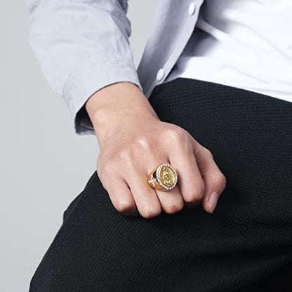 Christian Couple Signet Rings Set: Square Jesus (Men) & Oval Virgin Mary (Women), Stainless Steel Gold Plated with Side CZ Cross, Rhinestone Religious Rings - color: Mary