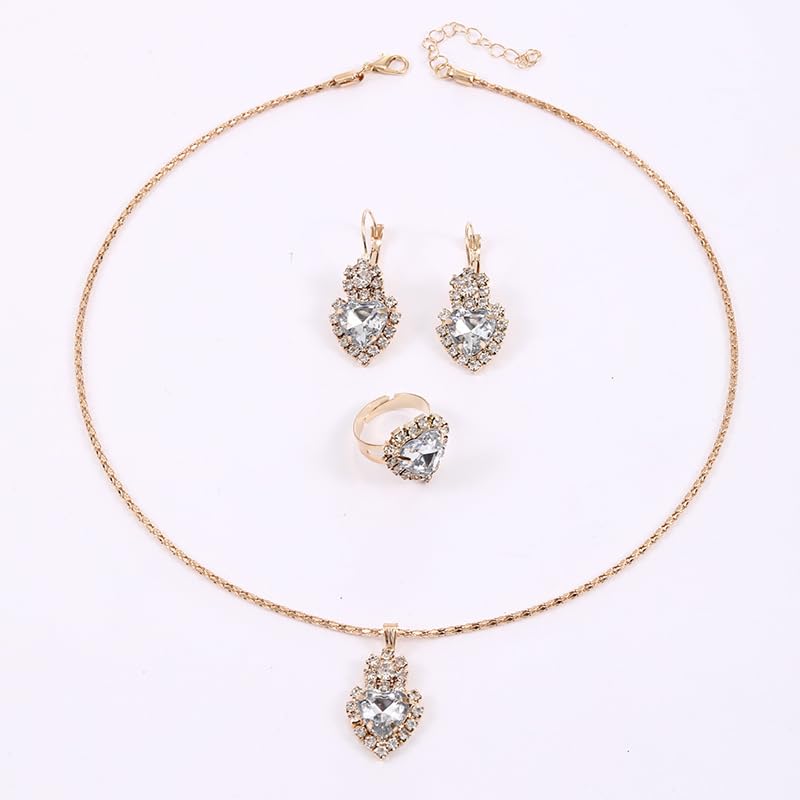 MALOYANVE 4PCS Crystal Heart Jewelry Set Glitter Gold Cubic Zirconia Love Heart Pendant Necklace Lightweight Hoop Earrings Bangle Bracelet Adjustable Open Ring Prom Wedding Jewelry for Women - color: White
