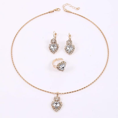 MALOYANVE 4PCS Crystal Heart Jewelry Set Glitter Gold Cubic Zirconia Love Heart Pendant Necklace Lightweight Hoop Earrings Bangle Bracelet Adjustable Open Ring Prom Wedding Jewelry for Women - color: White