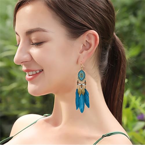 Dreuyet Boho Long Feather Drop Dangle Earrings for Women Retro Bohemian Ethnic Fringe Multicolor Tassel Feather Earring Handmade Statement Dream Catcher Earrings Jewelry - color: Turquoise Oval