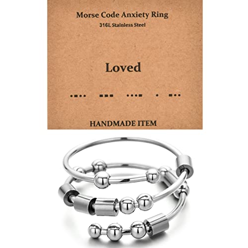 Morse Code Rings for Women, Stainless Steel Spinner Ring Fidget Rings for Anxiety Ring Morse Code Rings Inspirational Gifts Jewelry Women Birthday Graduation Gifts for Best Friends - style: 8 Loved