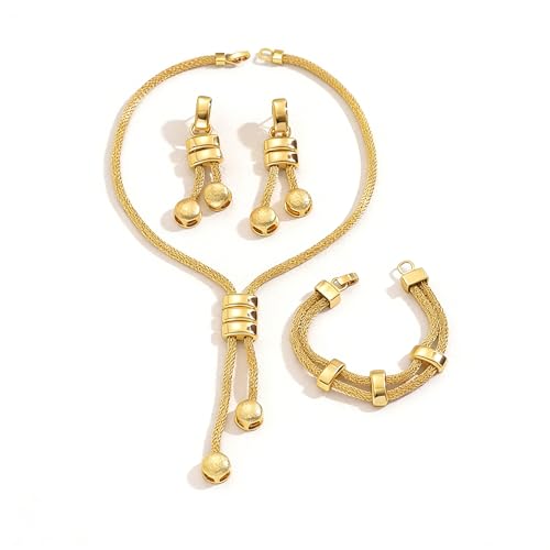 Gold Long Choker Necklace Set 18k Gold Plated Pendant Earrings Necklace Bracelet Set Simple Fashion Chain Jewelry Set For Women - style: 3 pieces