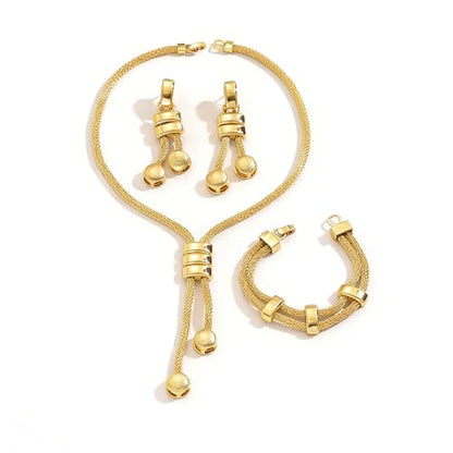 Gold Long Choker Necklace Set 18k Gold Plated Pendant Earrings Necklace Bracelet Set Simple Fashion Chain Jewelry Set For Women - style: 3 pieces