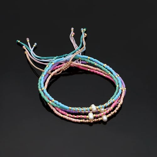 Boho Colorful Glass Gold Plated Seed Beaded Bracelets or Women, Handmade Romantic Freshwater Pearl Adjustable String Braided Rope Jewelry, Summer Beach Daily Party Friendship Gift - color: Pink