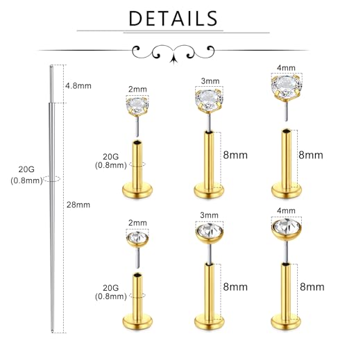Incaton 18G Threadless Flat Back Stud Earrings For Women Men, 316L Surgical Steel Hypoallergenic Push in Nose Studs CZ Nose Nostril Tragus Helix Labret Studs Lip Rings Piercing Jewelry - color: 3 HOOP + 6 STUD GOLD