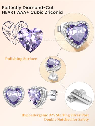 Bestyle Authentic 925 Sterling Silver 2 Carat Birthstone Earrings for Women, More Sparkle Heart/Round Solitaire Diamond Studs Earrings, Great Birthday/Christmas/Anniversary Jewelry for Wife Mother - color: 06. June Alexandrite-Heart