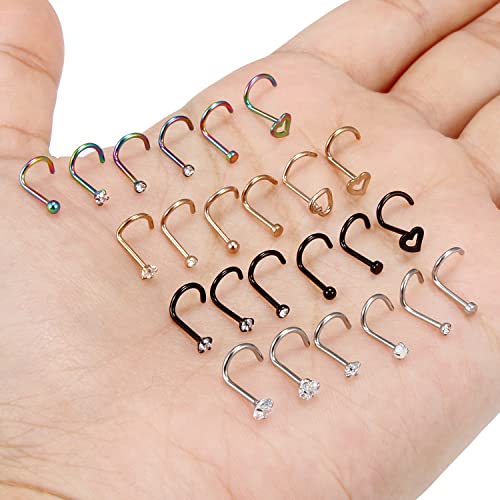 18G 20G Nose Rings Piercings Hypoallergenic Nose Studs 316L Surgical Steel Heart Nose Rings L Shaped Straight Screw Nose Piercing Jewelry for Women Men Silver Black Rose Gold Colorful - color: 20G Mix Color-Screw Shaped