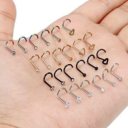 18G 20G Nose Rings Piercings Hypoallergenic Nose Studs 316L Surgical Steel Heart Nose Rings L Shaped Straight Screw Nose Piercing Jewelry for Women Men Silver Black Rose Gold Colorful - color: 20G Mix Color-Screw Shaped