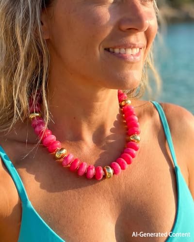 FIRAZIO Colorful Chunky Beaded Necklaces for Women | Trendy Statement Necklace Choker Necklace Boho Summer Beach Vacation Jewelry Gift - color: Rose Red Beaded