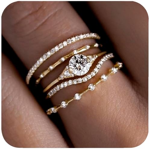 iF YOU Gold Rings for Women Non Tarnish, Dainty 14K Gold Plated Stackable Cubic Zirconia Knuckle Ring Set, Trendy Statement Promise Wedding Bands Stacking Engagement Rings Size 6 7 8 9 10